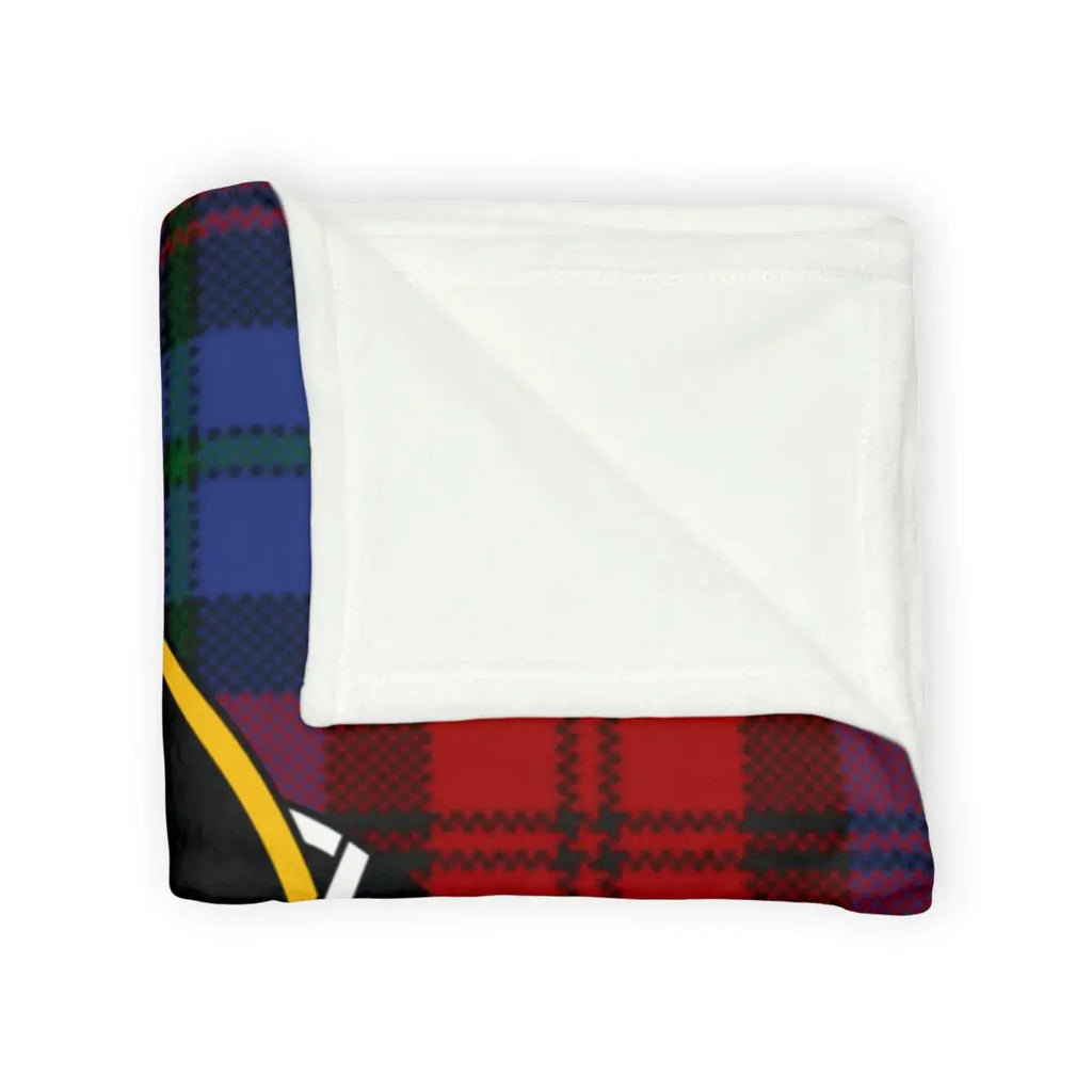 MacLachlan clan crest tartan throw blanket laid flat — cosy multicoloured plaid on 100% polyester