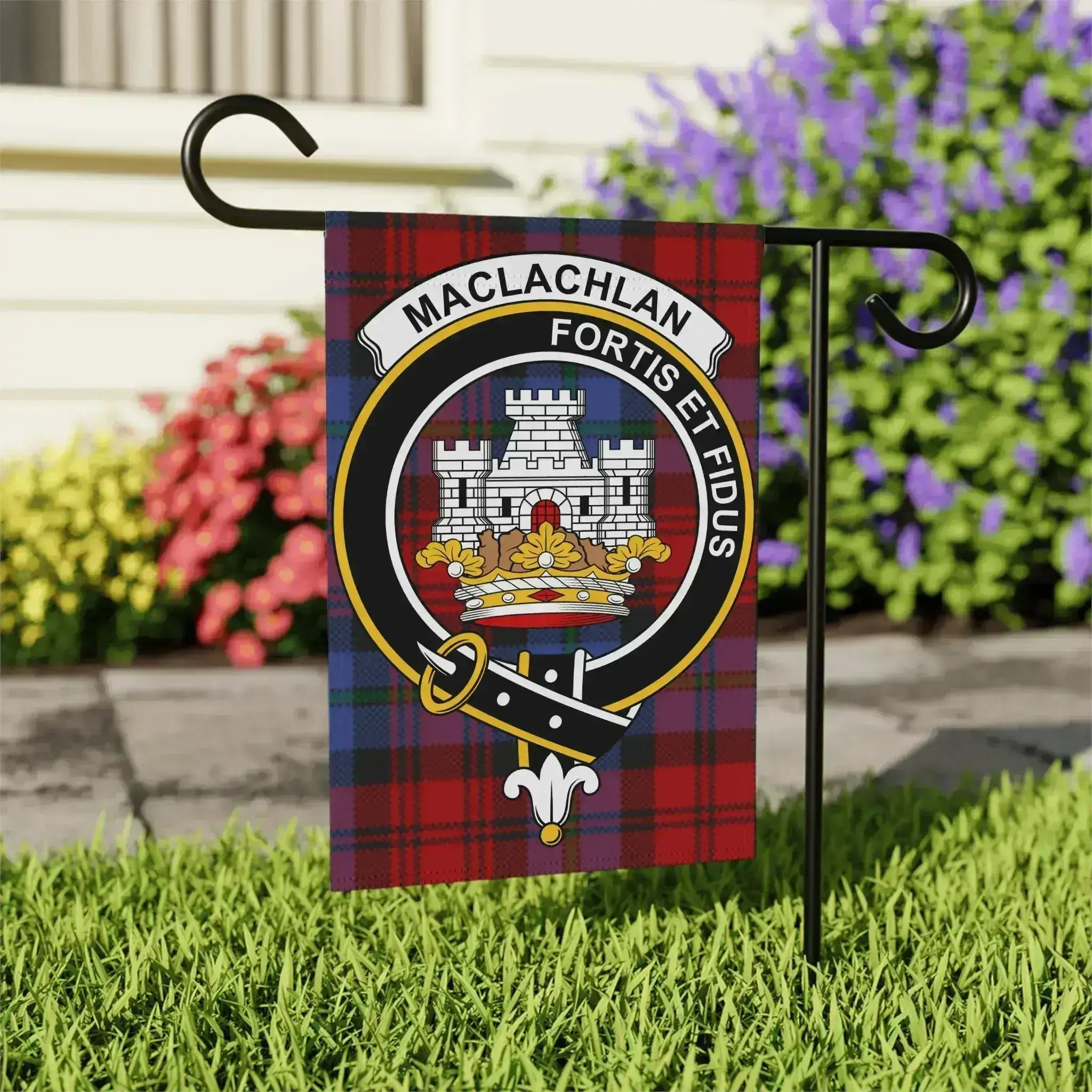 MacLachlan Fortis et Fidus tartan clan crest garden flag 24x32 inches — outdoor display