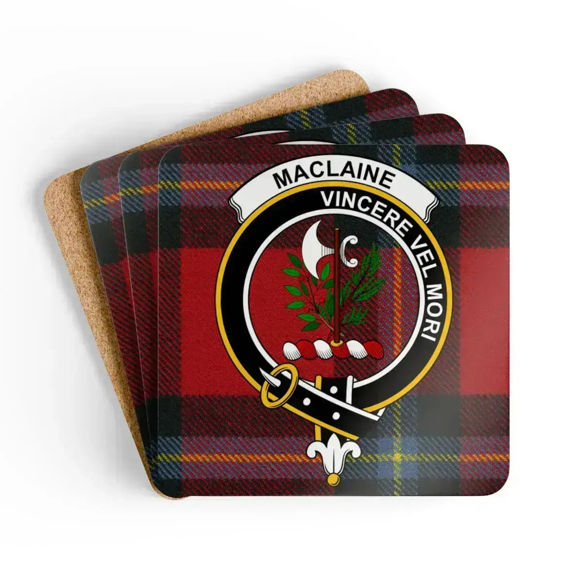 MacLaine Vincere Vel Mori tartan design coaster set of 4 — natural cork squares with clan crest
