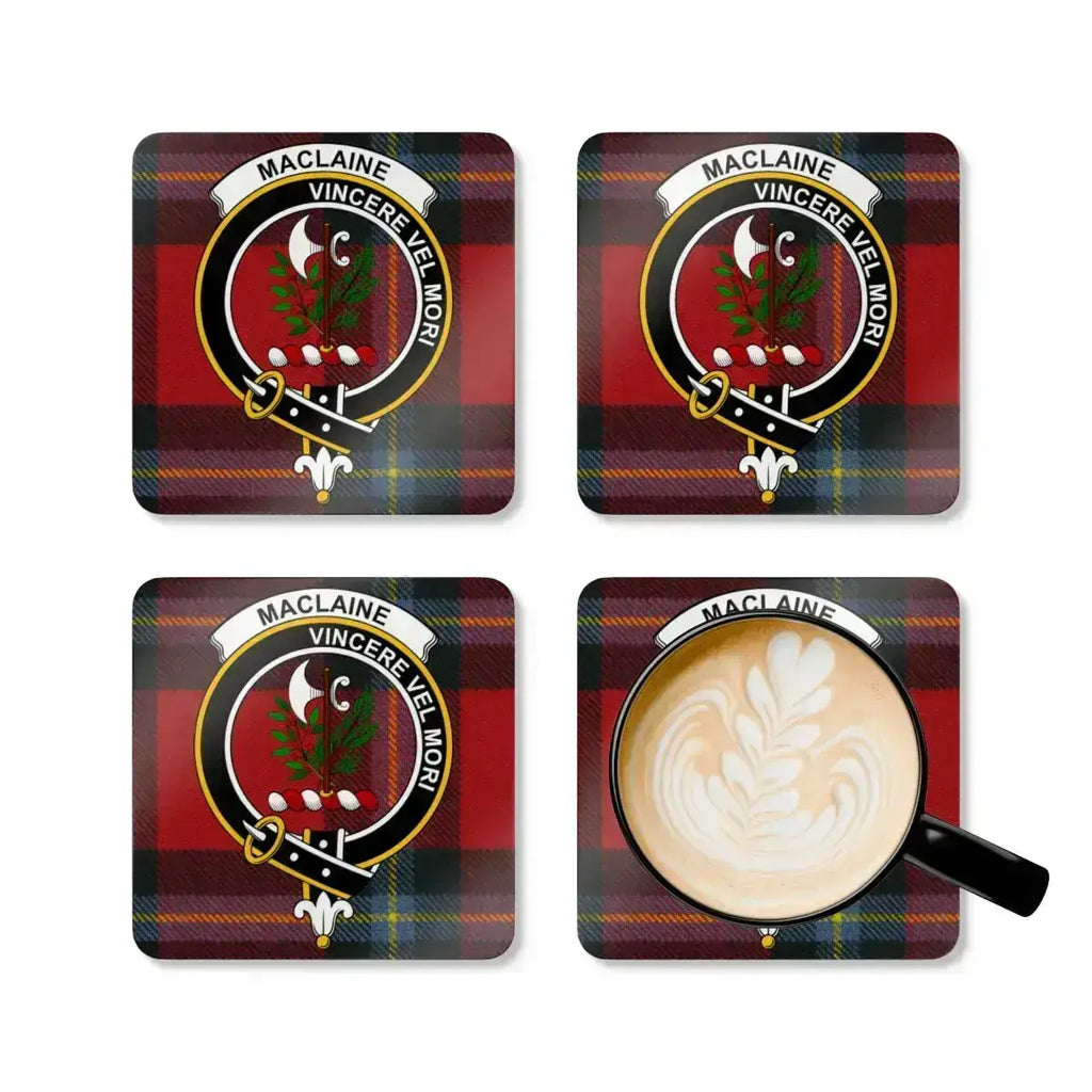 MacLaine tartan clan crest square coaster set — four cork coasters with heraldic design