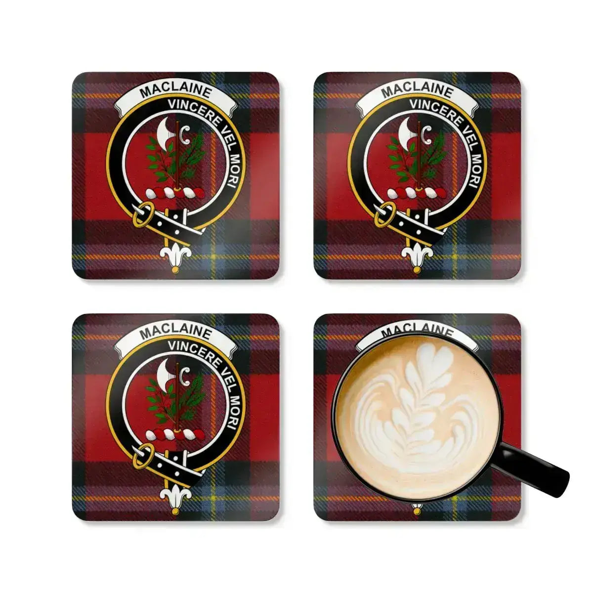 MacLaine tartan clan crest square coaster set — four cork coasters with heraldic design