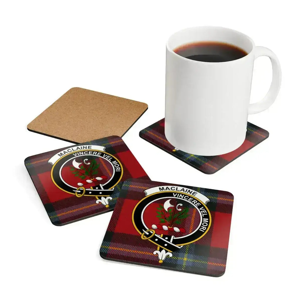 MacLaine Vincere Vel Mori square coasters — 3.75-inch corkwood with glossy sealed print