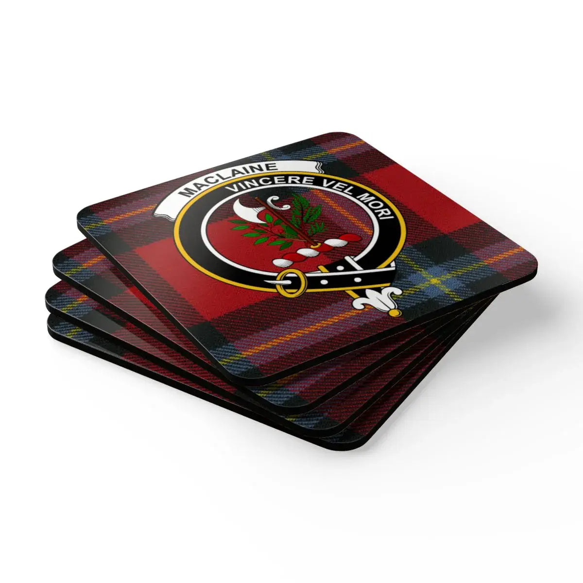 MacLaine Vincere Vel Mori clan crest design coasters — natural cork base, glossy sealed tartan print