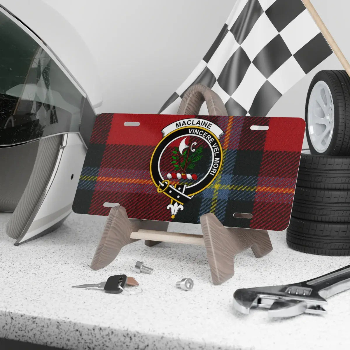 MacLaine Vincere Vel Mori clan crest plaid novelty license plate — 12x6 aluminium with heraldic design