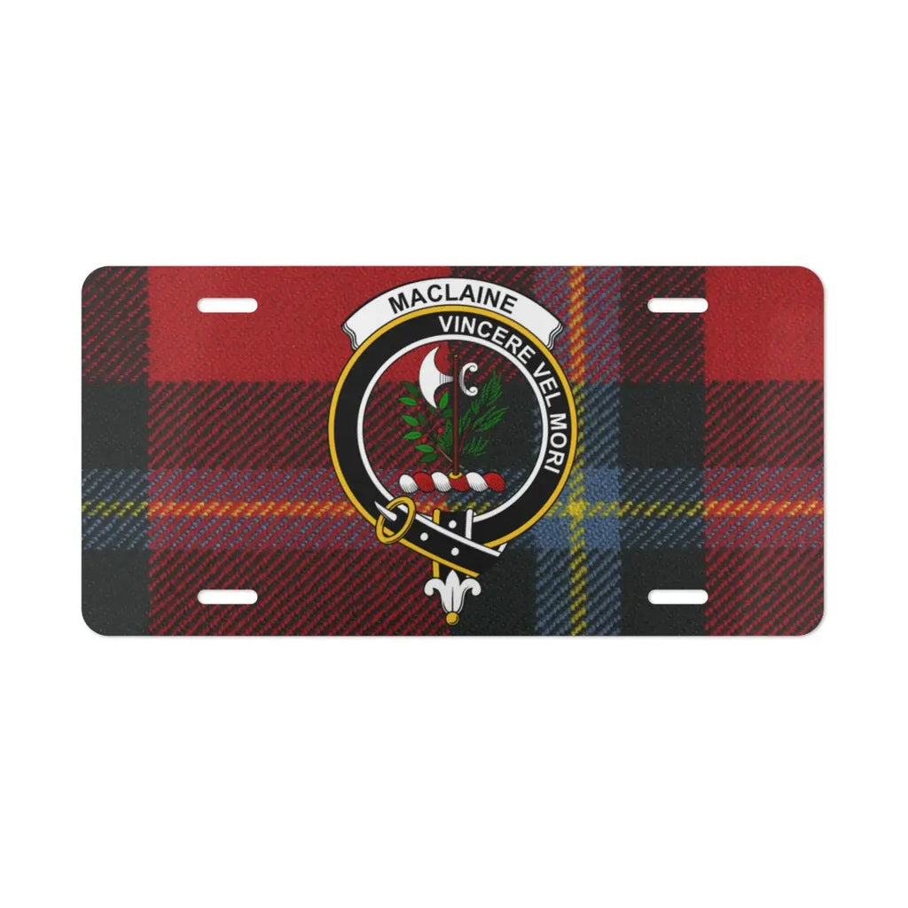 MacLaine Vincere Vel Mori emblem clan tartan design license plate — To Conquer or Die on aluminium