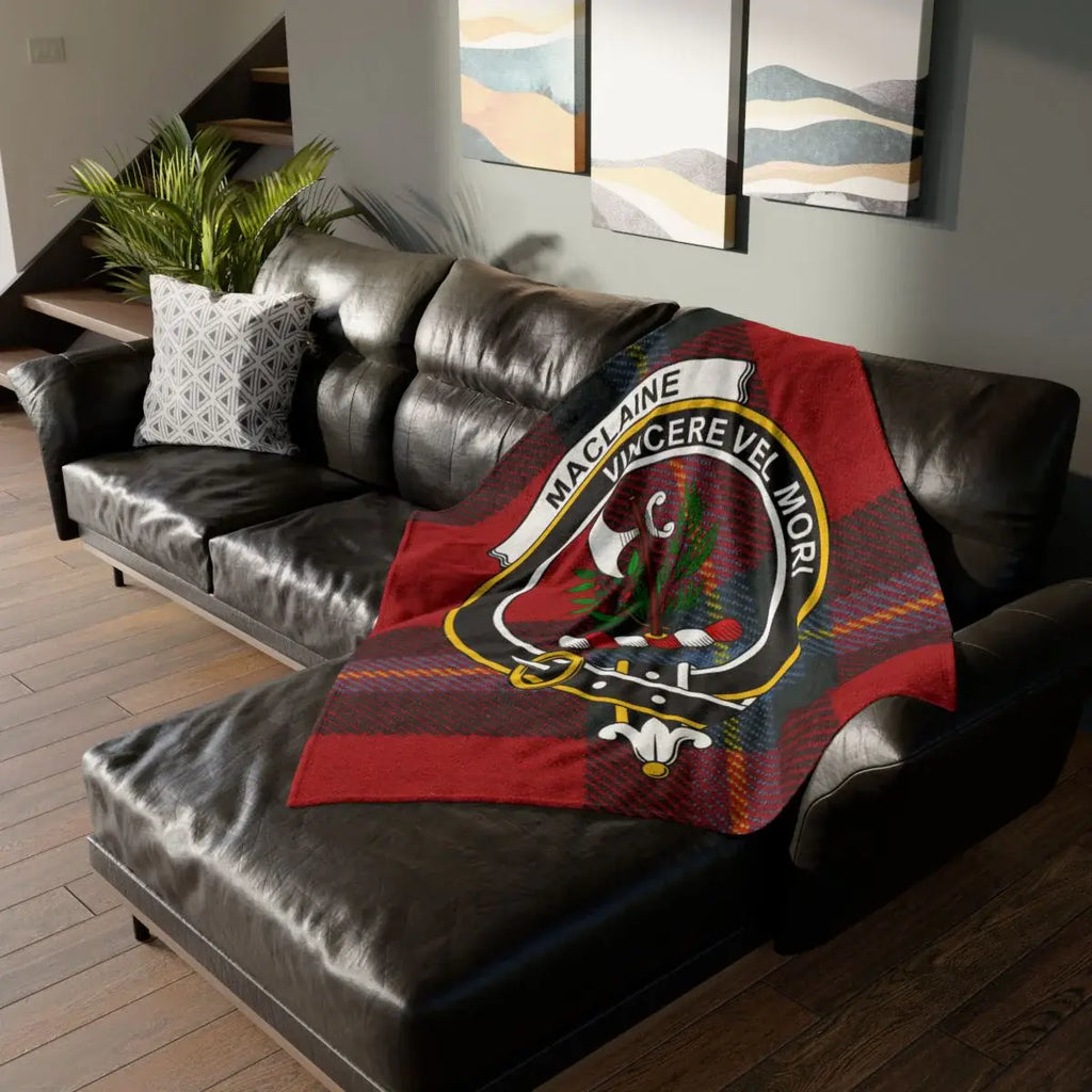 MacLaine clan crest tartan throw blanket — 50x60 polyester, cosy Scottish design for sofa