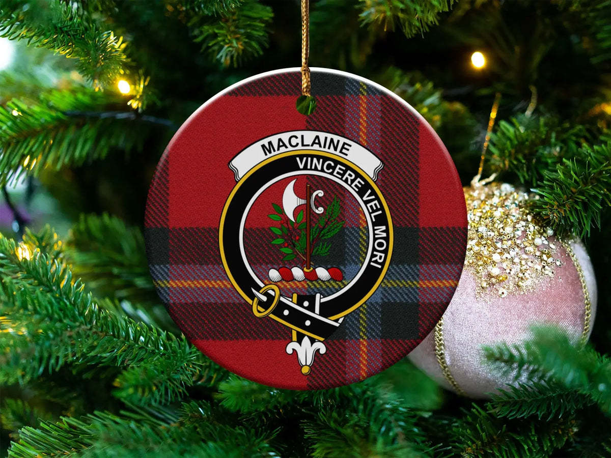 MacLaine Vincere Vel Mori clan crest plaid Christmas ornament — 3-inch round glossy ceramic disc