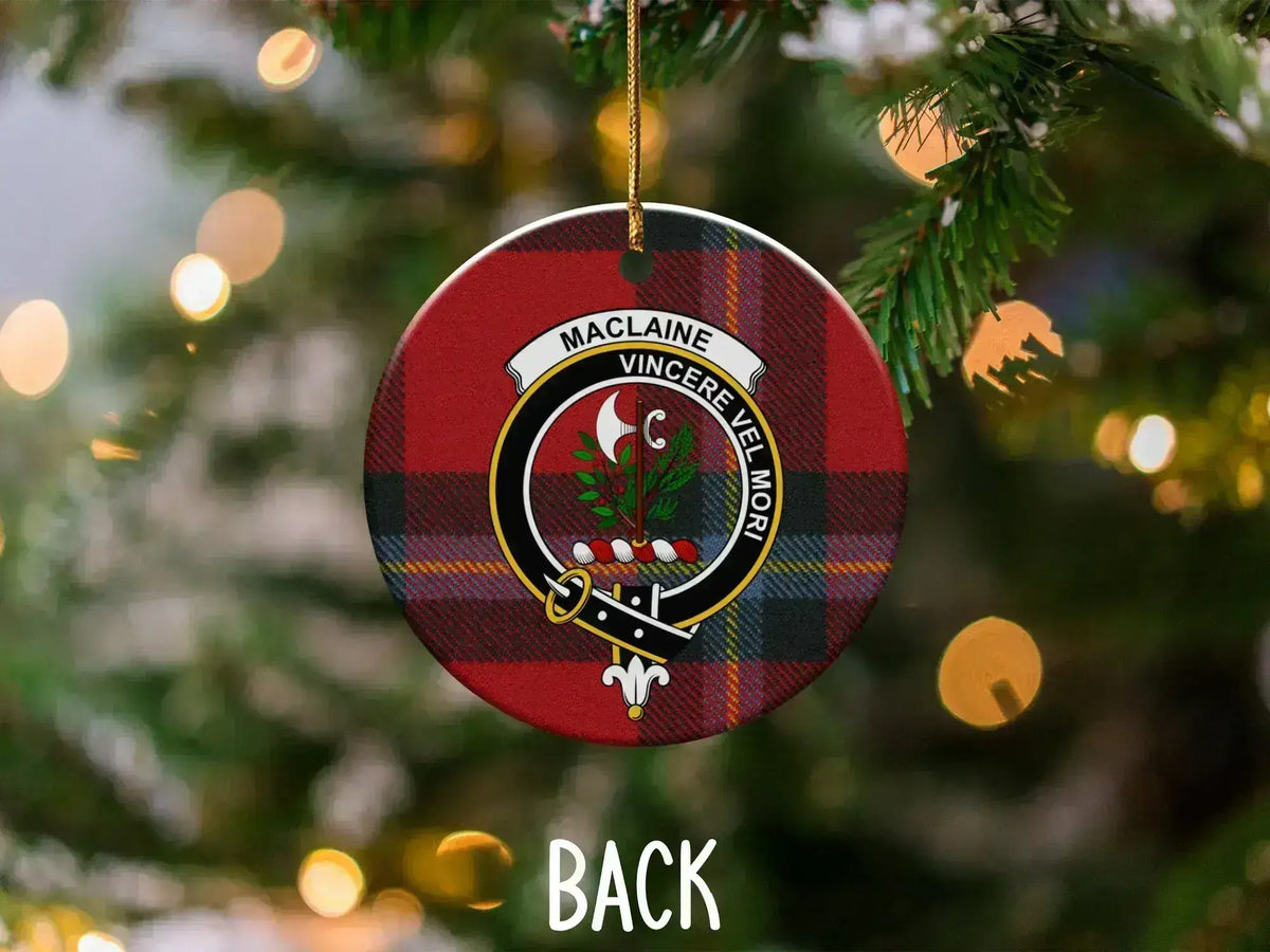MacLaine Vincere Vel Mori plaid Christmas ornament — 3-inch ceramic disc, gold hanging string