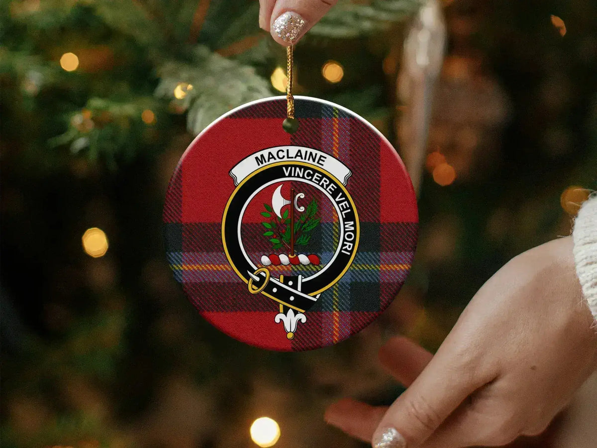 MacLaine Scottish clan crest Christmas ornament — glossy finish, double-sided 3-inch ceramic disc