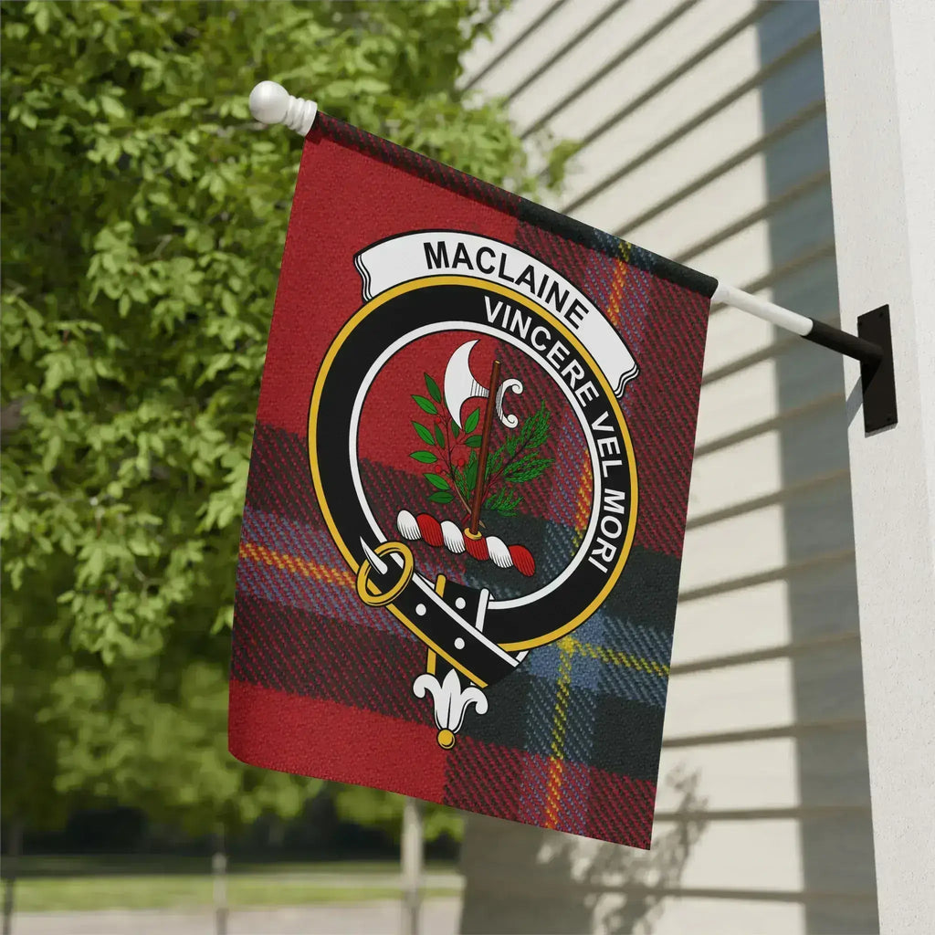 MacLaine Vincere Vel Mori clan crest tartan garden flag 12x18 inches — poly poplin-canvas outdoor display
