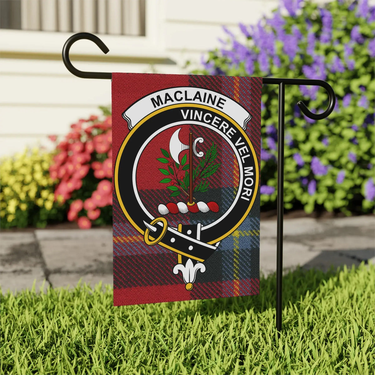 MacLaine Vincere Vel Mori tartan clan crest garden flag 24x32 inches — outdoor display
