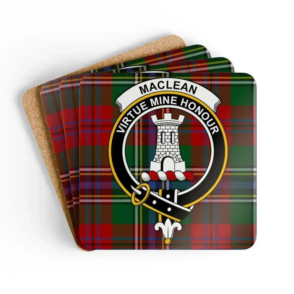 MacLean Virtue Mine Honour plaid clan crest cork coaster set of 4 — natural cork squares with heraldic design