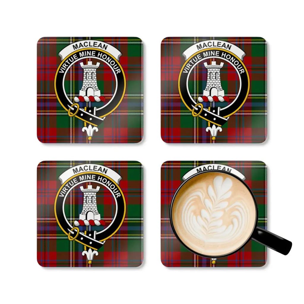 MacLean Virtue Mine Honour coaster set of four — cork coasters with tower heraldic design
