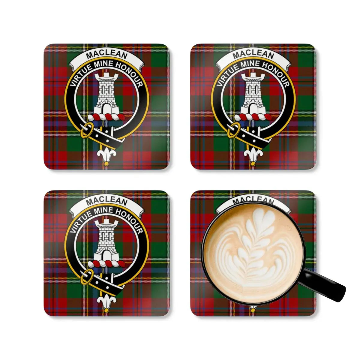 MacLean Virtue Mine Honour coaster set of four — cork coasters with tower heraldic design