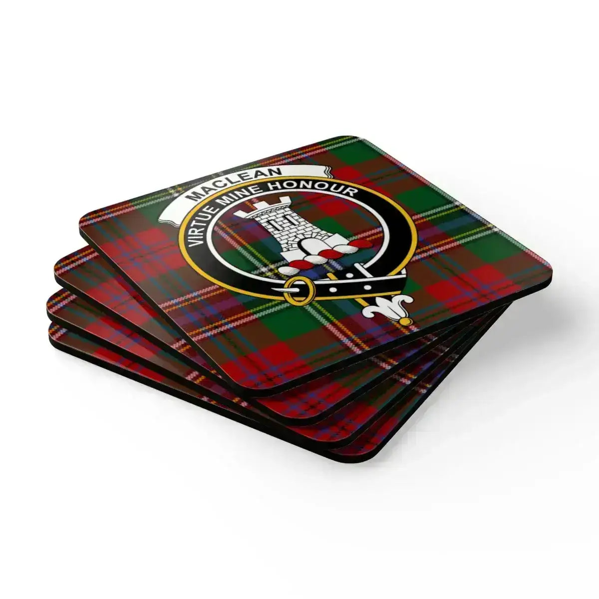 MacLean Virtue Mine Honour clan crest coasters — natural cork base, glossy sealed tartan print