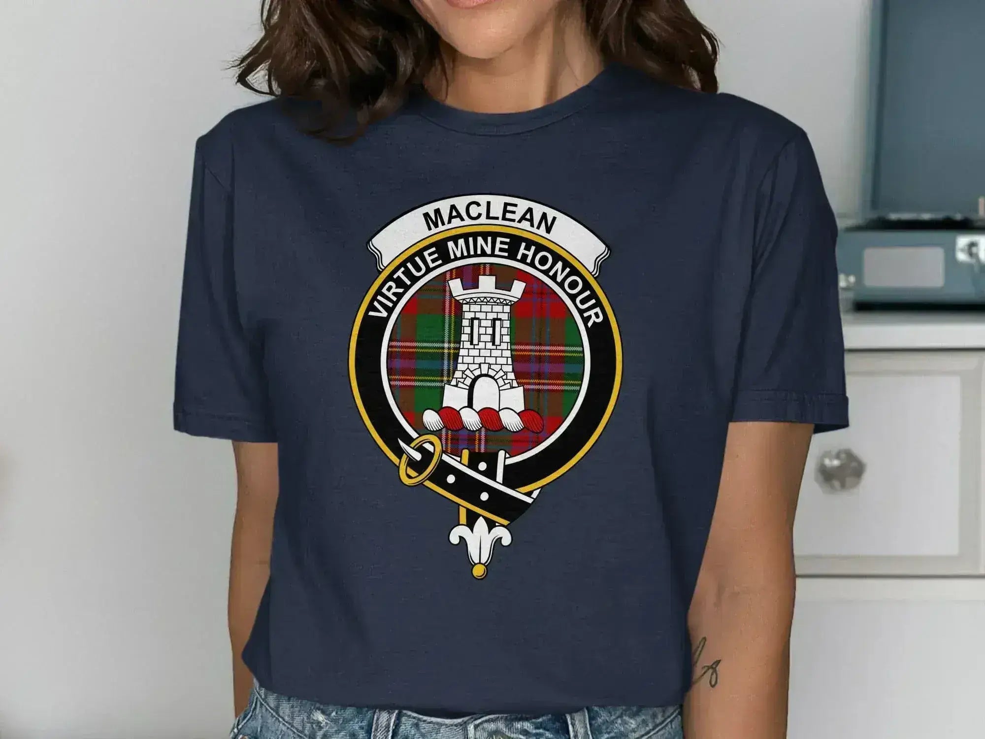 MacLean Virtue Mine Honour clan crest t-shirt — heraldic design on softstyle cotton