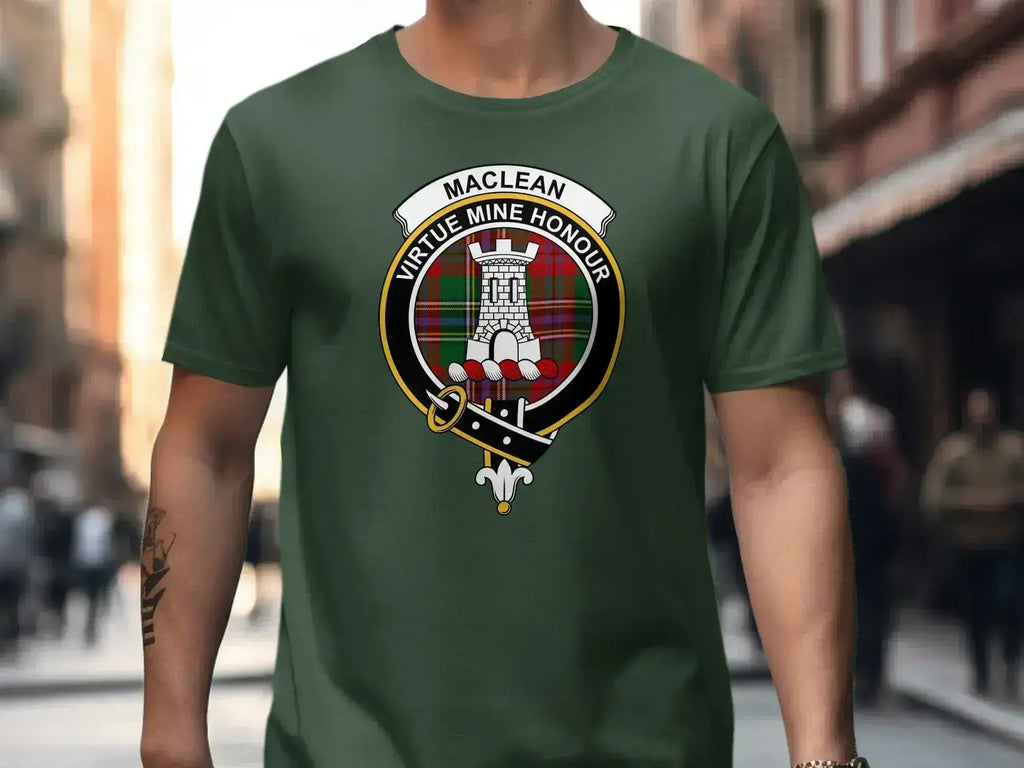 MacLean Virtue Mine Honour clan crest t-shirt — tower heraldic design on cotton, unisex fit