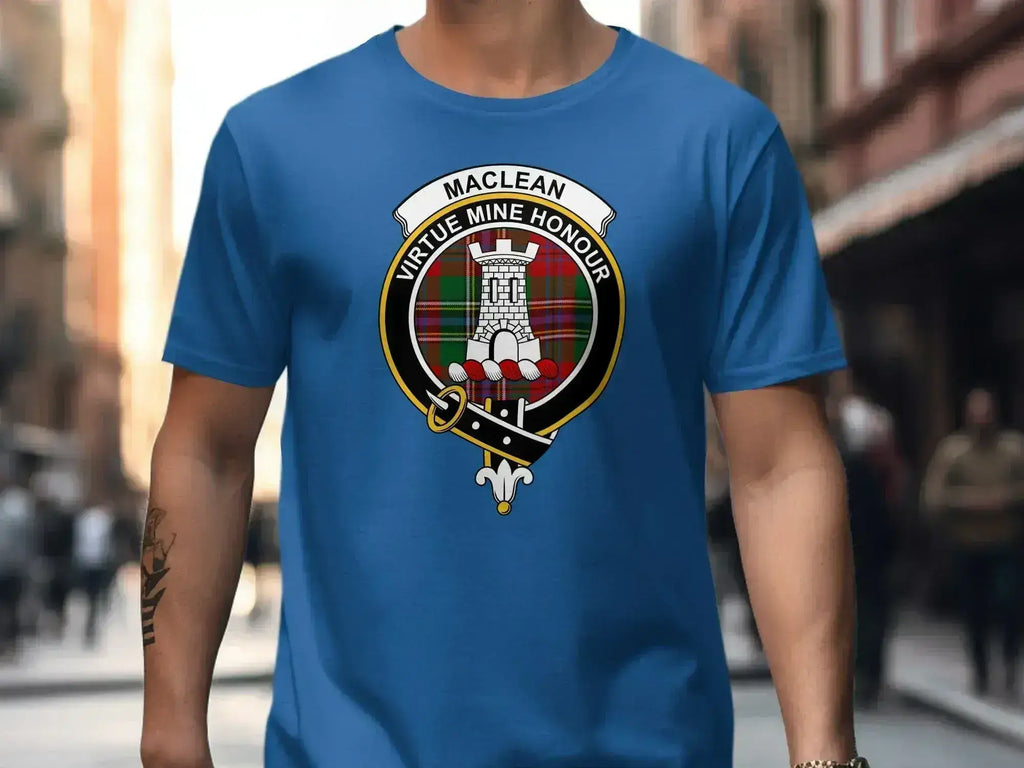MacLean Virtue Mine Honour clan crest t-shirt — tower heraldic design on cotton