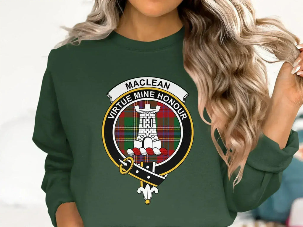 MacLean Virtue Mine Honour clan badge sweatshirt — tower heraldic design on fleece