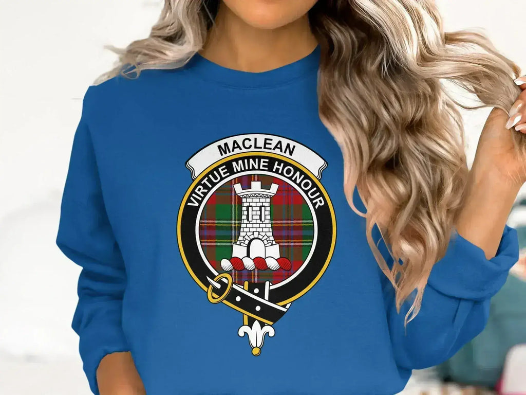 MacLean Virtue Mine Honour blue sweatshirt — clan crest heraldic design on fleece fabric