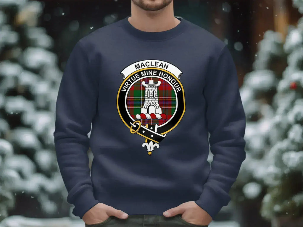 MacLean Virtue Mine Honour family crest sweatshirt — full tower heraldic on fleece, laid flat