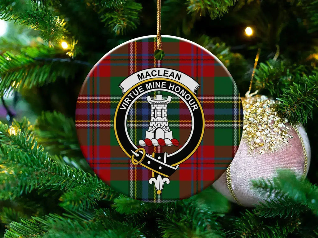 MacLean Virtue Mine Honour clan crest tartan plaid ornament — 3-inch round glossy ceramic disc