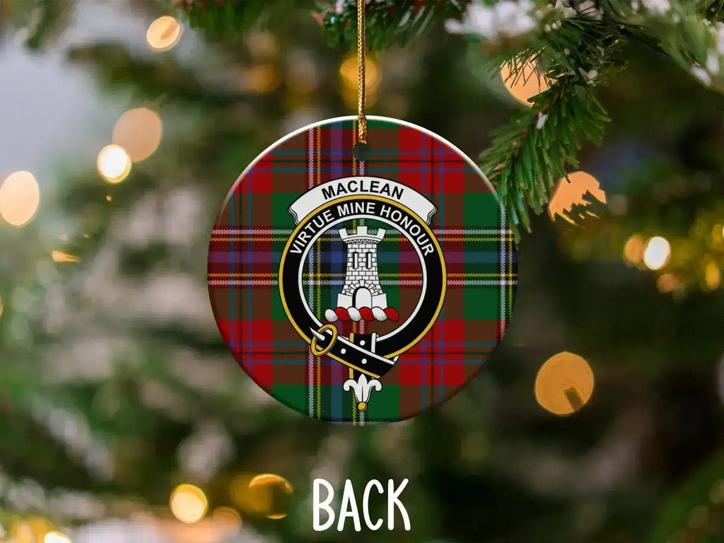 MacLean Virtue Mine Honour tartan clan crest ornament — 3-inch ceramic disc, gold hanging string