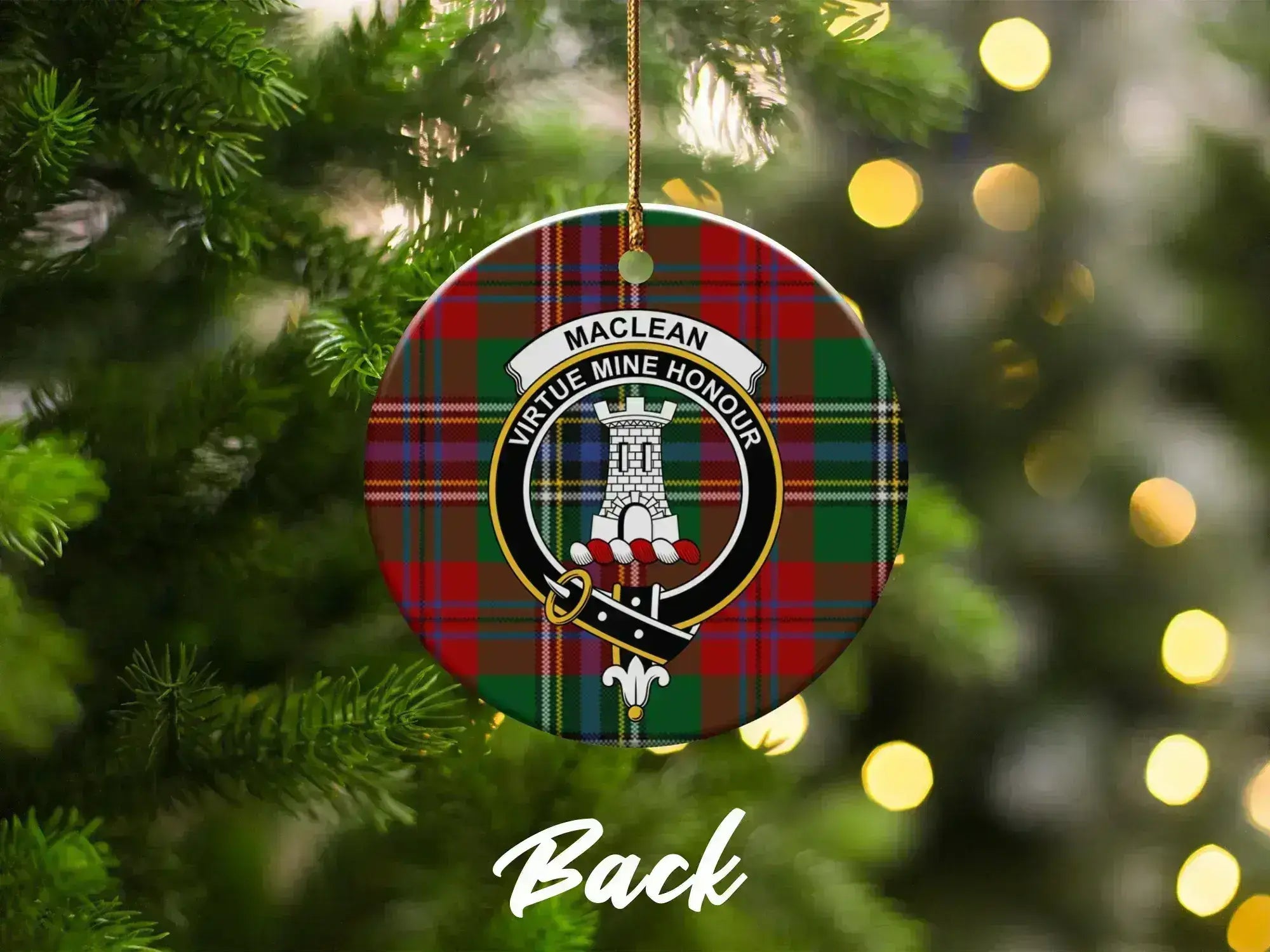 MacLean Virtue Mine Honour tartan ornament — double-sided glazed ceramic, 3-inch disc