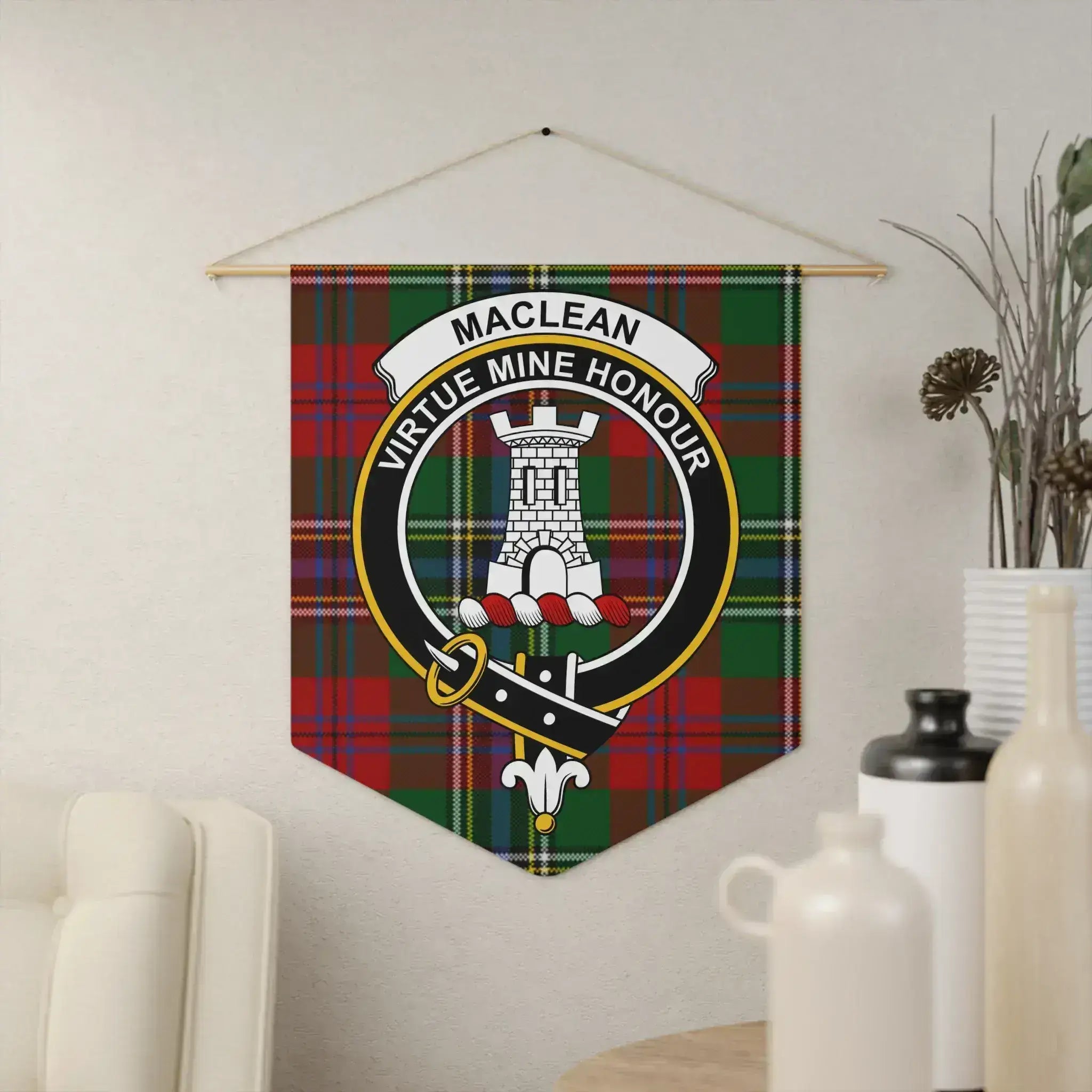 MacLean Virtue Mine Honour plaid clan crest pennant 18x21 inches — polyester twill wall hanging, wooden dowel