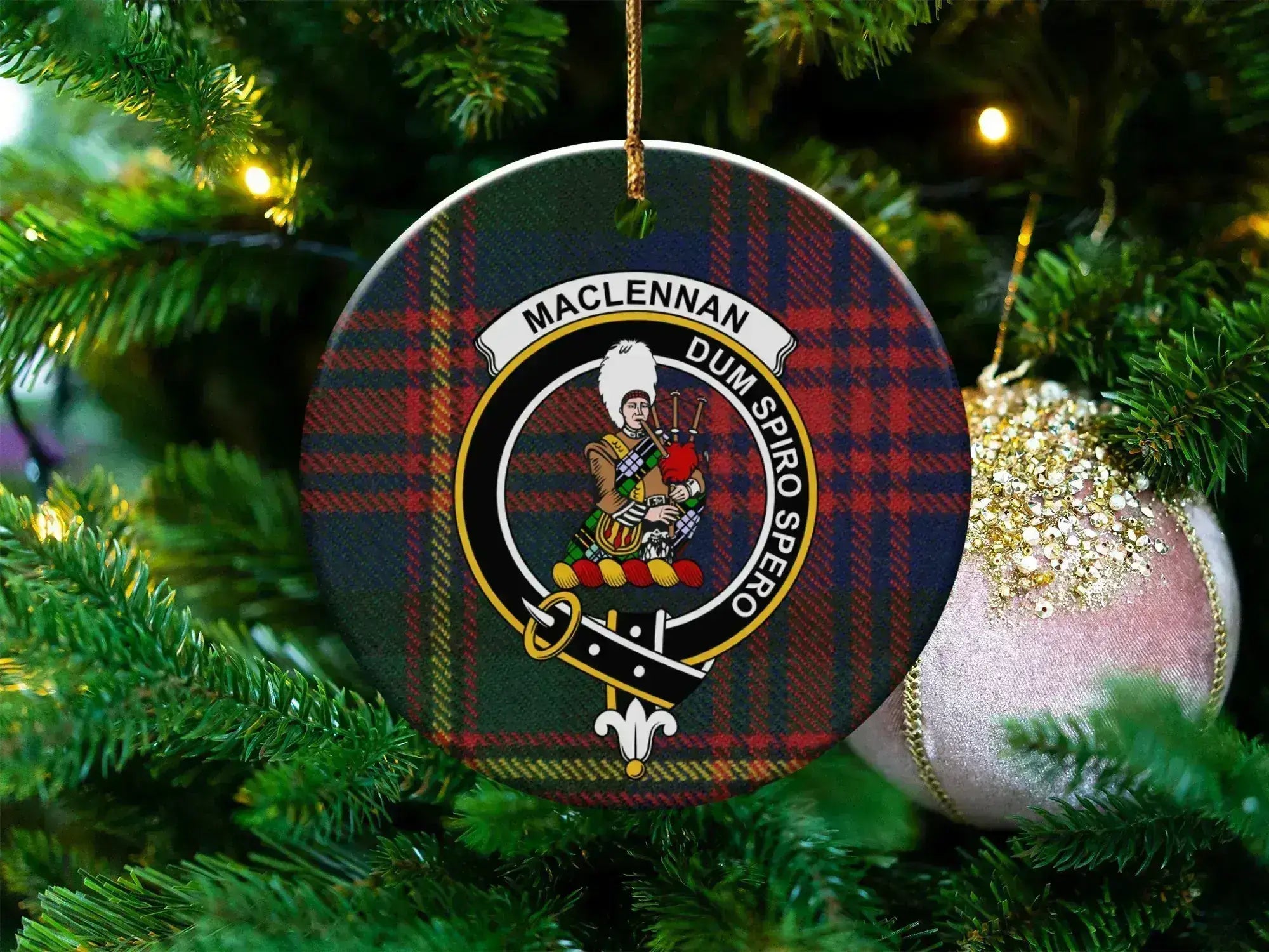 MacLennan clan crest tartan ceramic ornament — Dum Spiro Spero double-sided 3-inch round