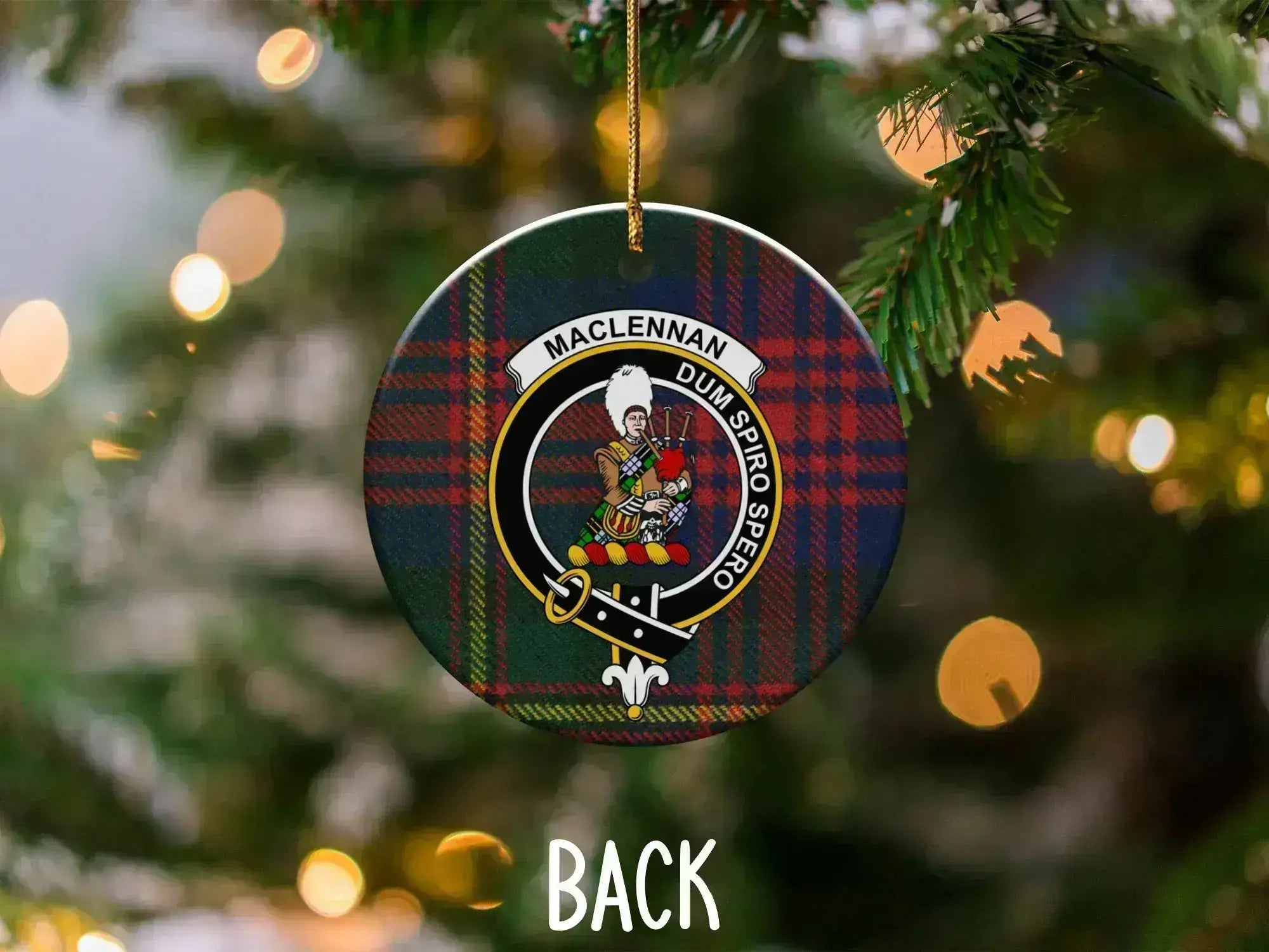 MacLennan clan crest tartan Christmas ornament on tree — 3-inch round Scottish heritage keepsake