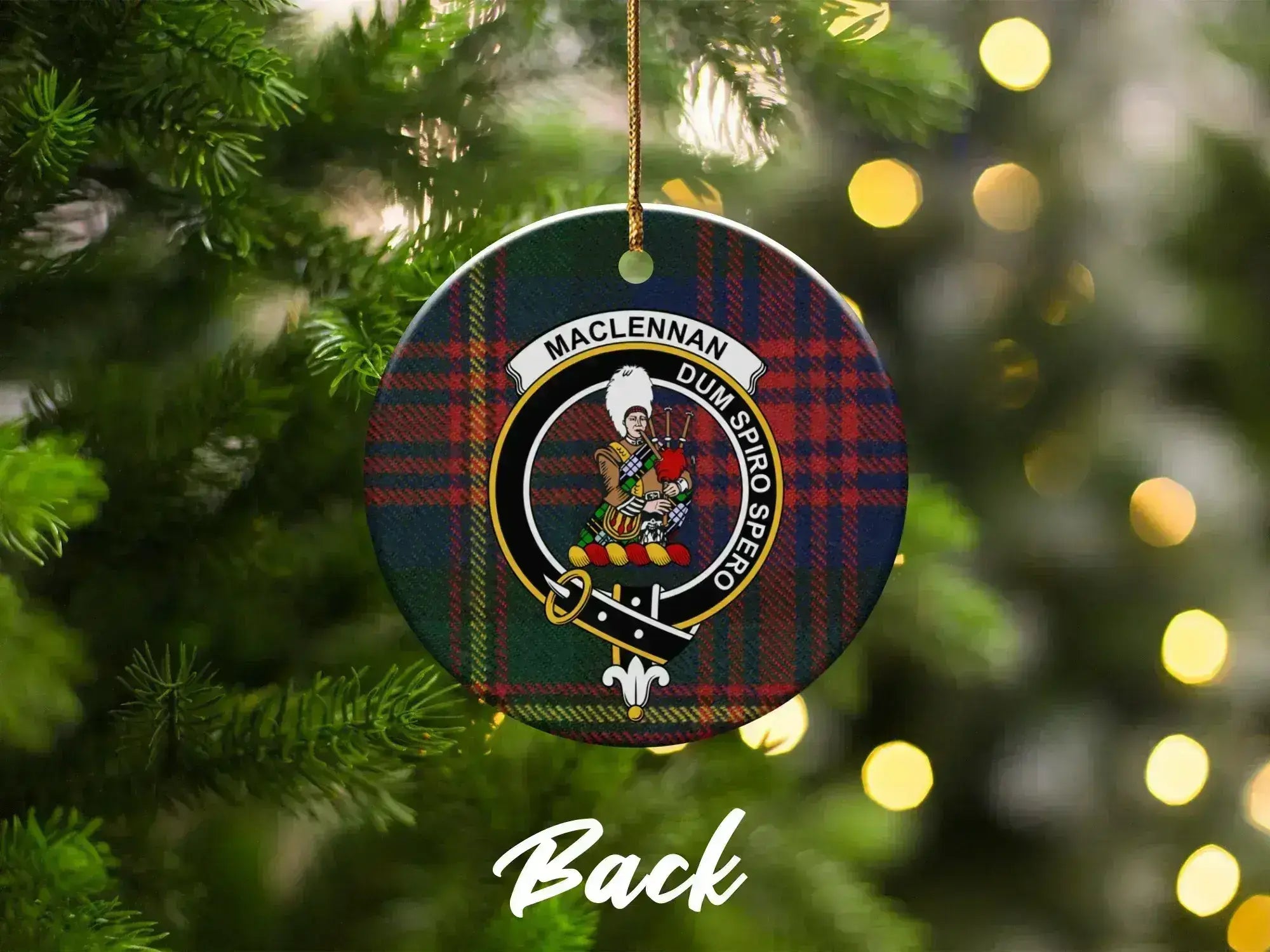 MacLennan Dum Spiro Spero plaid crest ornament reverse side — gold hanging string and UV print