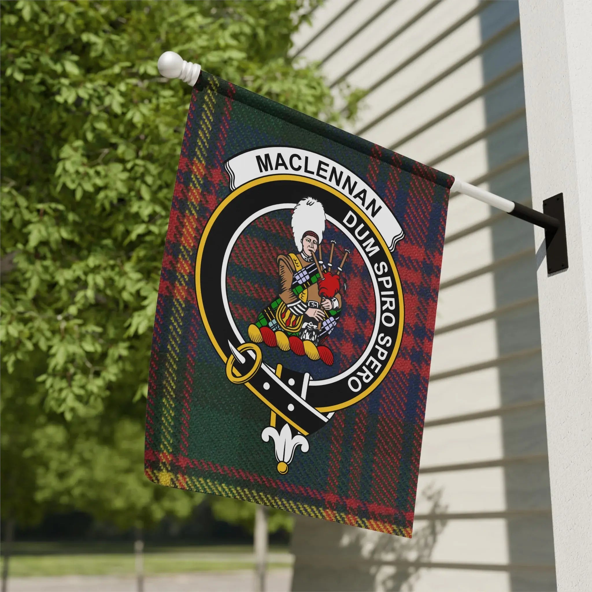 MacLennan clan crest tartan garden flag — Dum Spiro Spero on poly canvas 12x18 inch