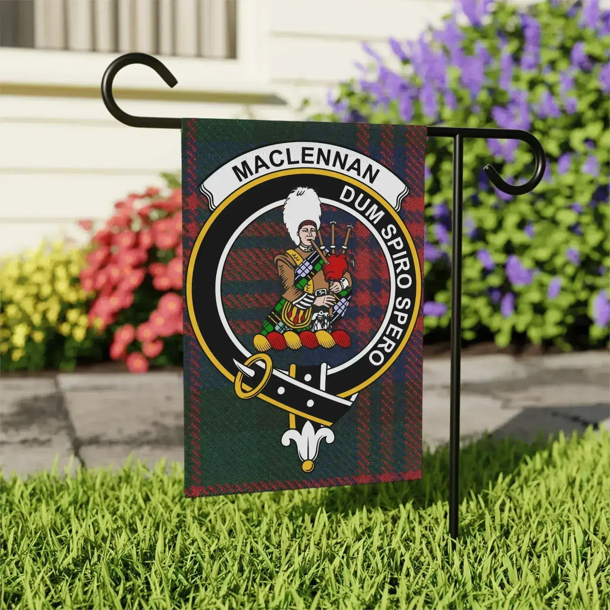 MacLennan tartan crest garden flag on outdoor stake — larger 24.5x32 porch display size
