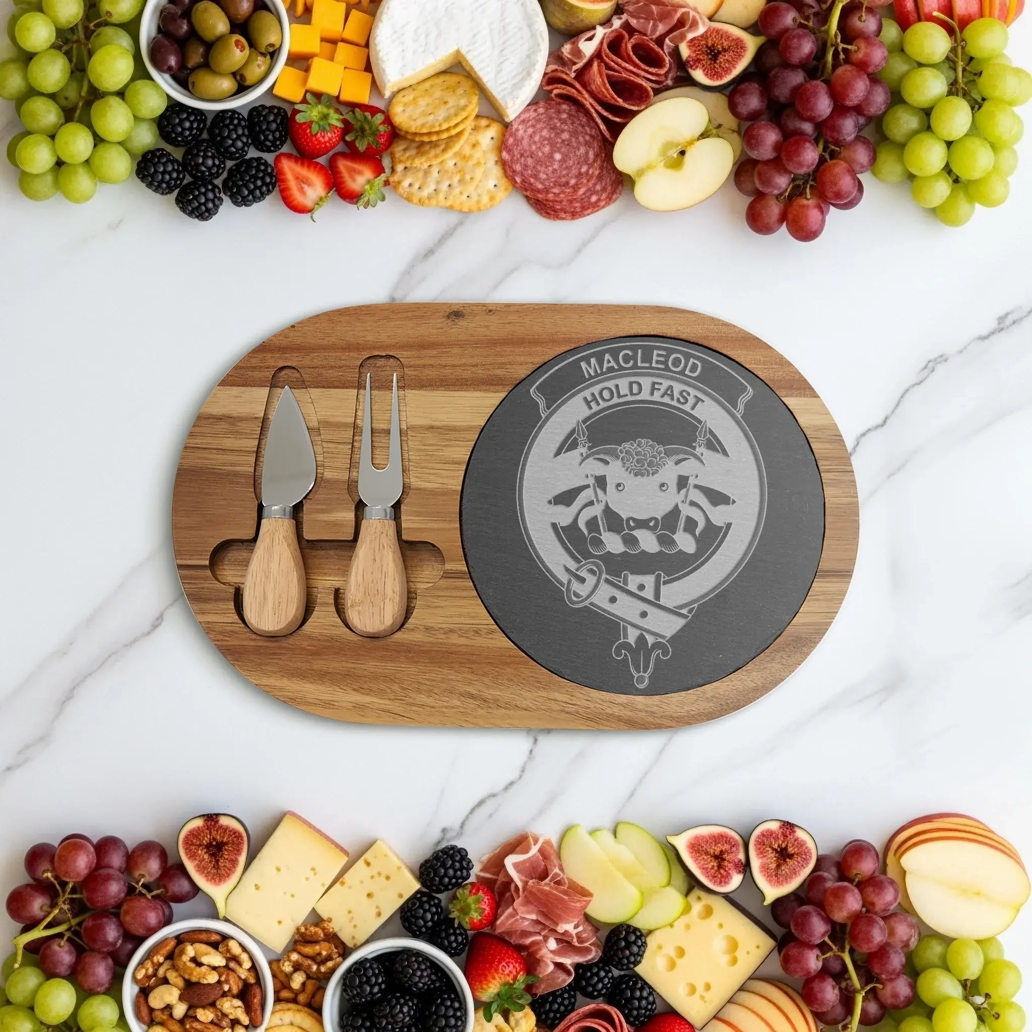 MacLeod of Lewis clan crest charcuterie board larger size — laser-engraved heraldic design on wooden board with cutlery