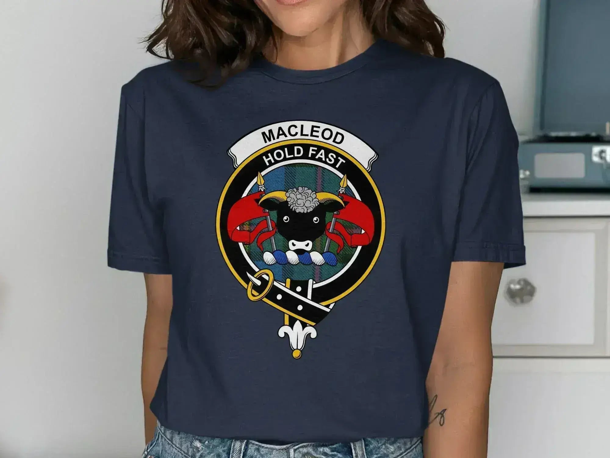 MacLeod Hold Fast clan crest navy blue graphic tee — heraldic design on cotton, unisex fit