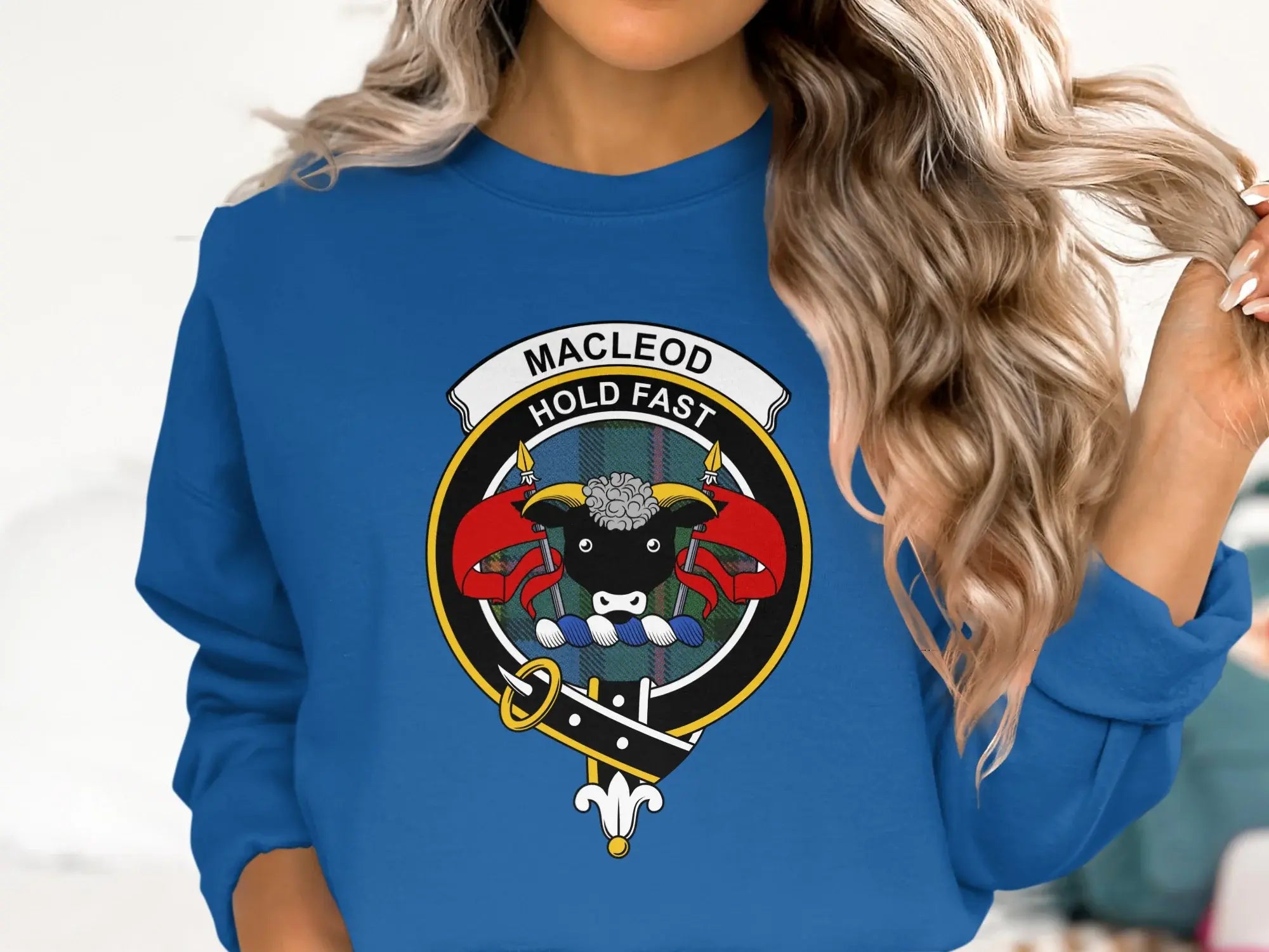 MacLeod Hold Fast family crest sweatshirt — clan heraldic design on fleece fabric
