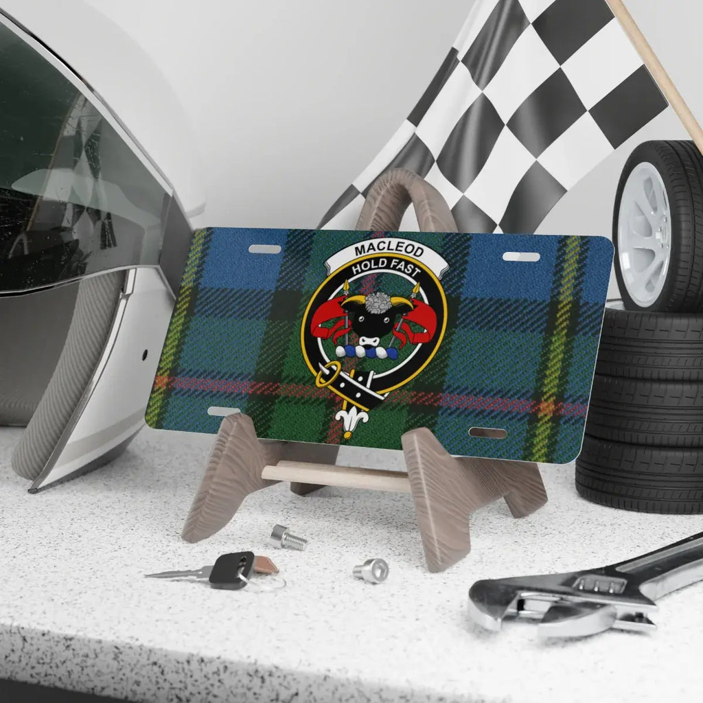 MacLeod Hold Fast tartan clan crest novelty license plate — 12x6 aluminium with heraldic design