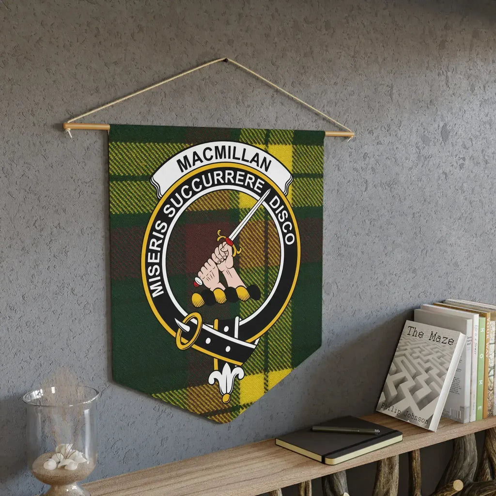 MacMillan clan tartan pennant showing the clan crest — laser-cut edge detail