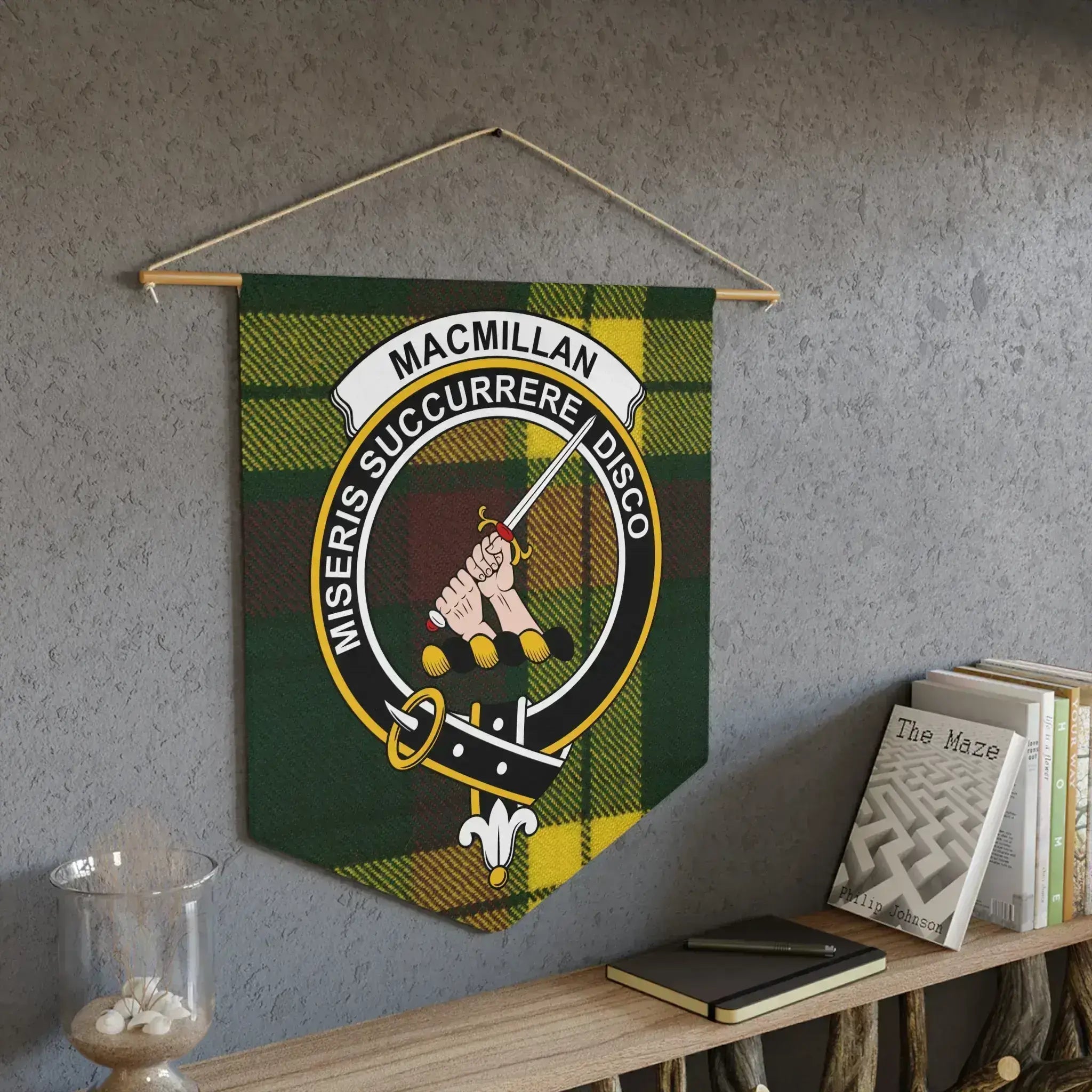 MacMillan clan tartan pennant showing the clan crest — laser-cut edge detail
