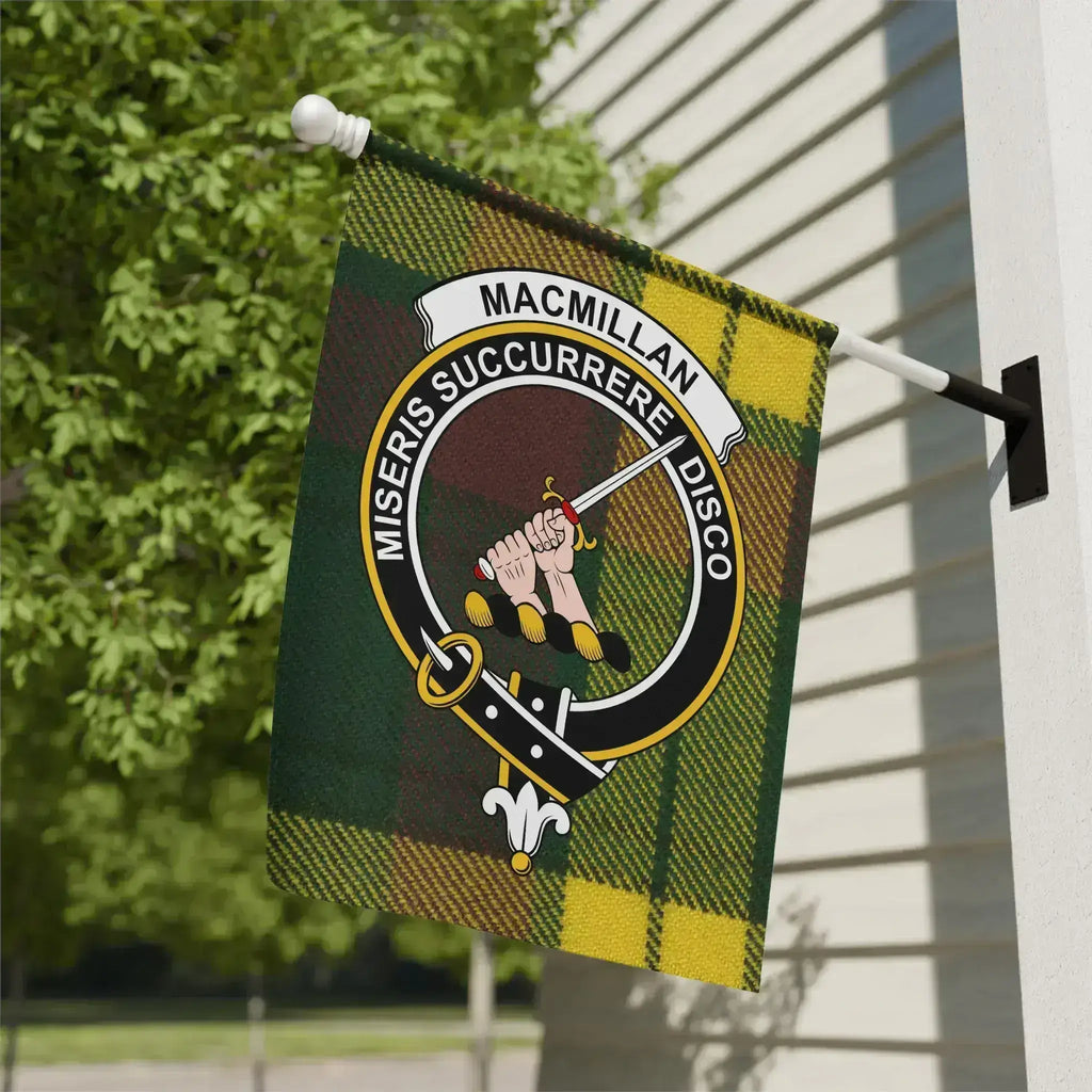 Clan MacMillan tartan garden flag displayed outdoors — 12x18 inch poly poplin-canvas with clan crest