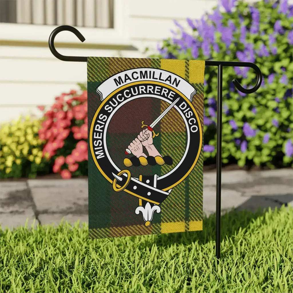 MacMillan clan crest garden flag on a standard pole — 24.5x32 inch size with clan crest and tartan