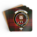MacNab clan crest tartan coaster set — Timor Omnis Abesto on cork-backed square coasters