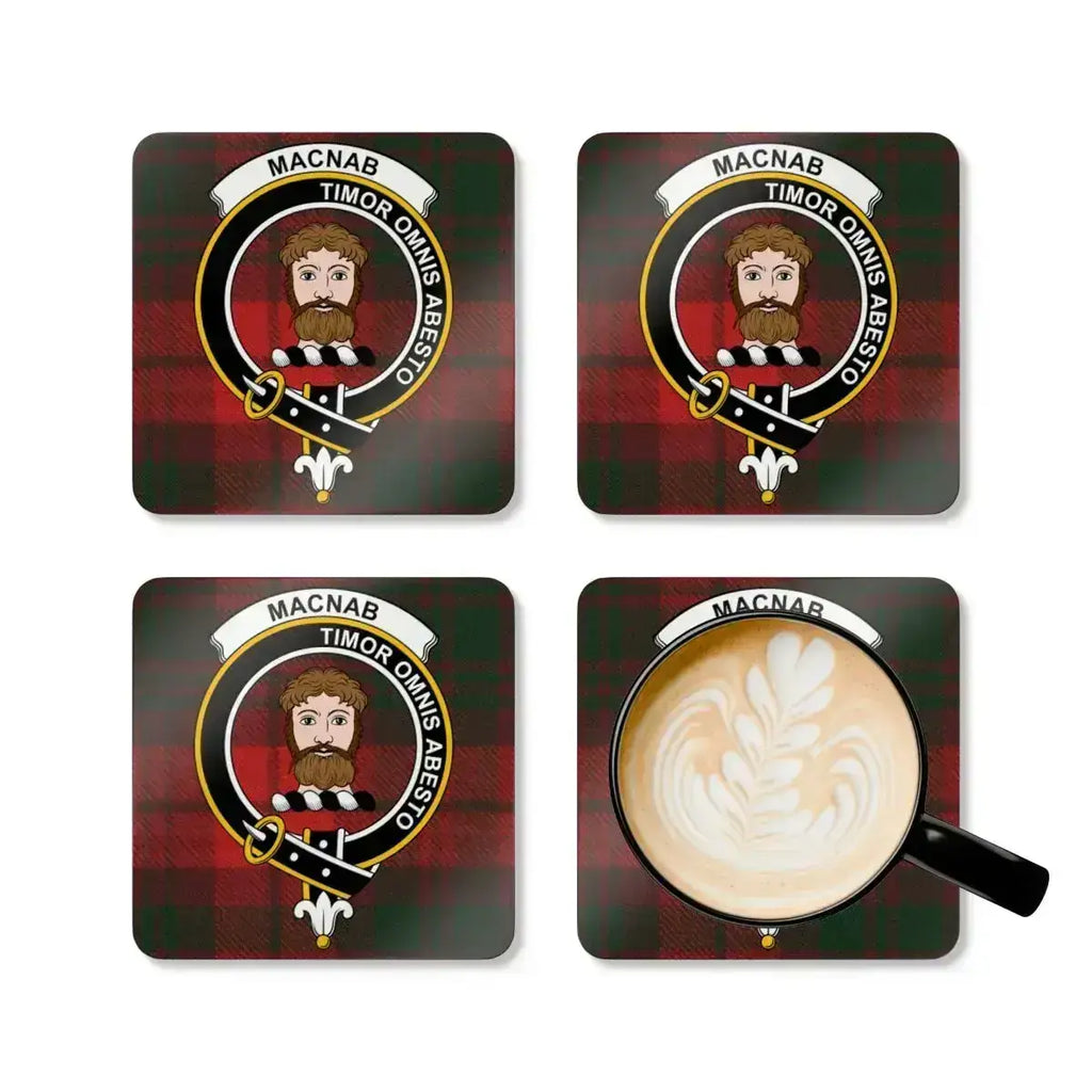 MacNab tartan crest coasters displayed on table — full colour Scottish clan crest print