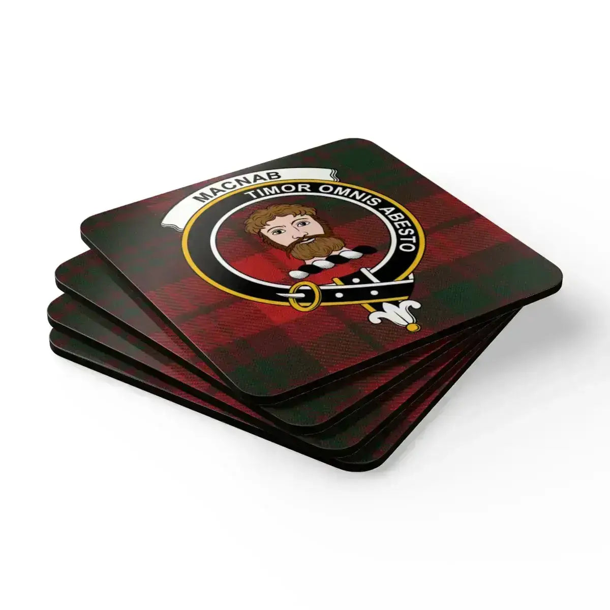 MacNab Timor Omnis Abesto plaid crest coaster in use — 3.75 inch square cork heritage coaster