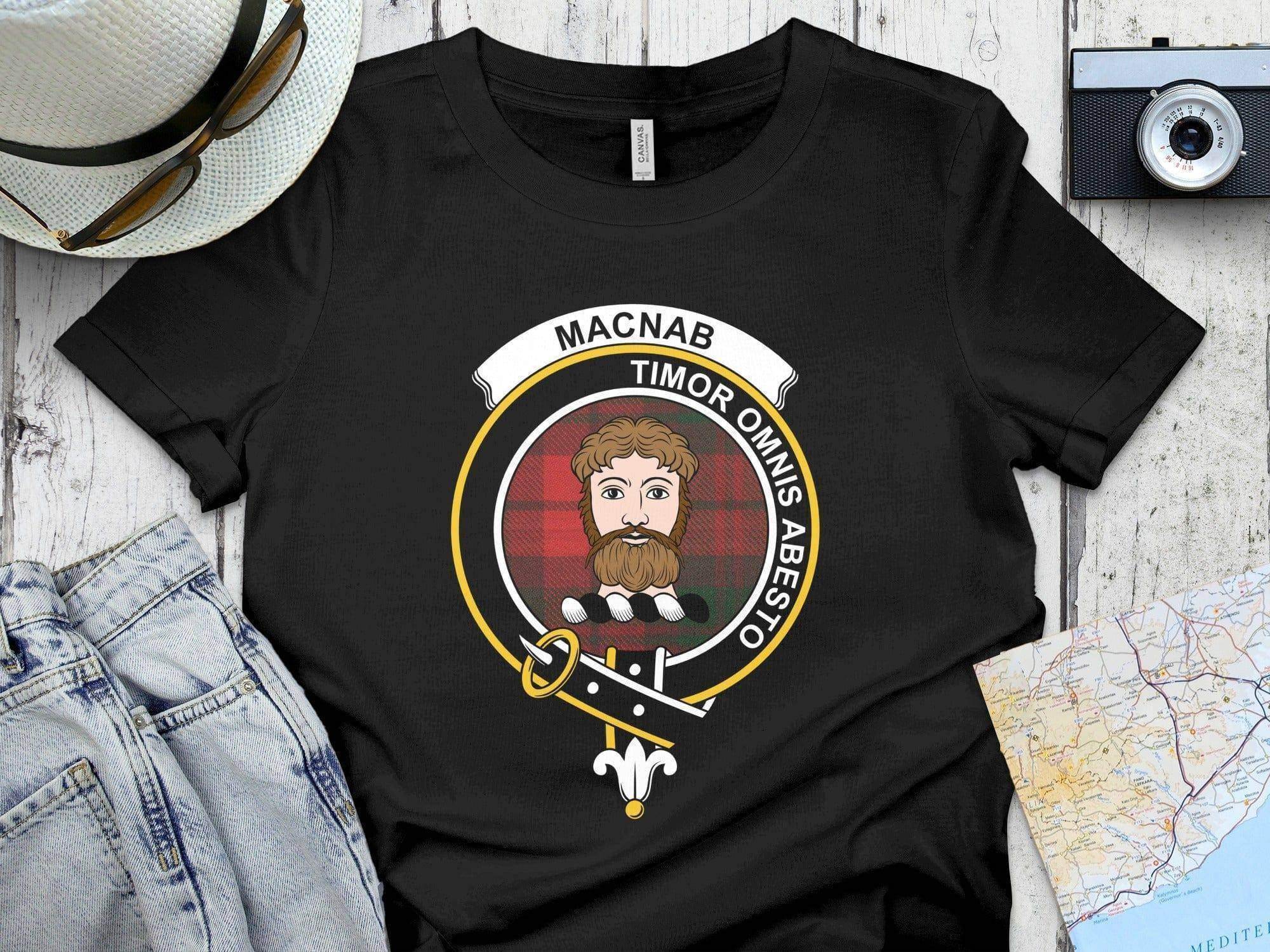 MacNab clan crest Timor Omnis Abesto tartan printed t-shirt — navy cotton Scottish tee