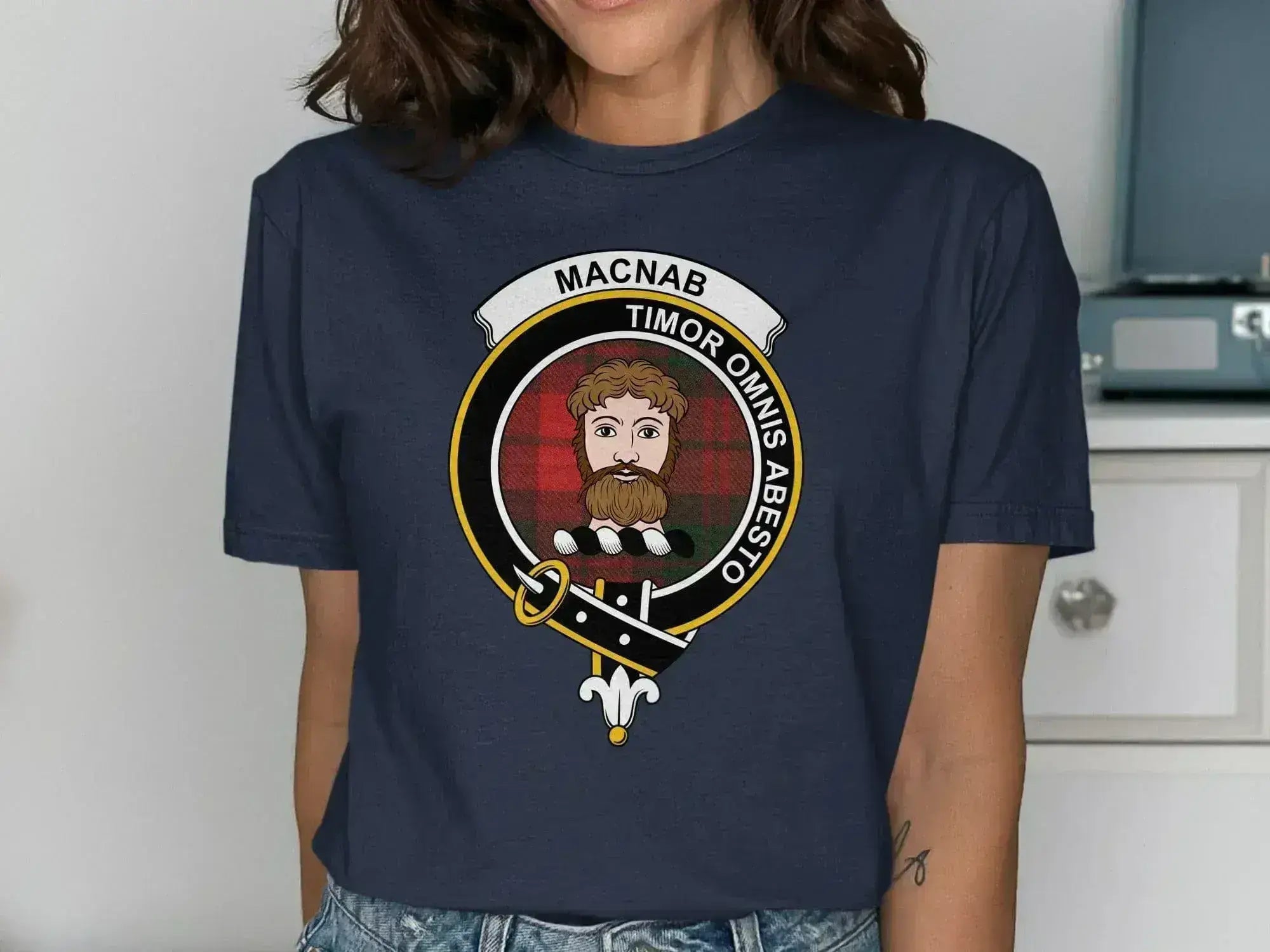 Clan MacNab crest printed on royal blue t-shirt — Timor Omnis Abesto tartan unisex cotton tee
