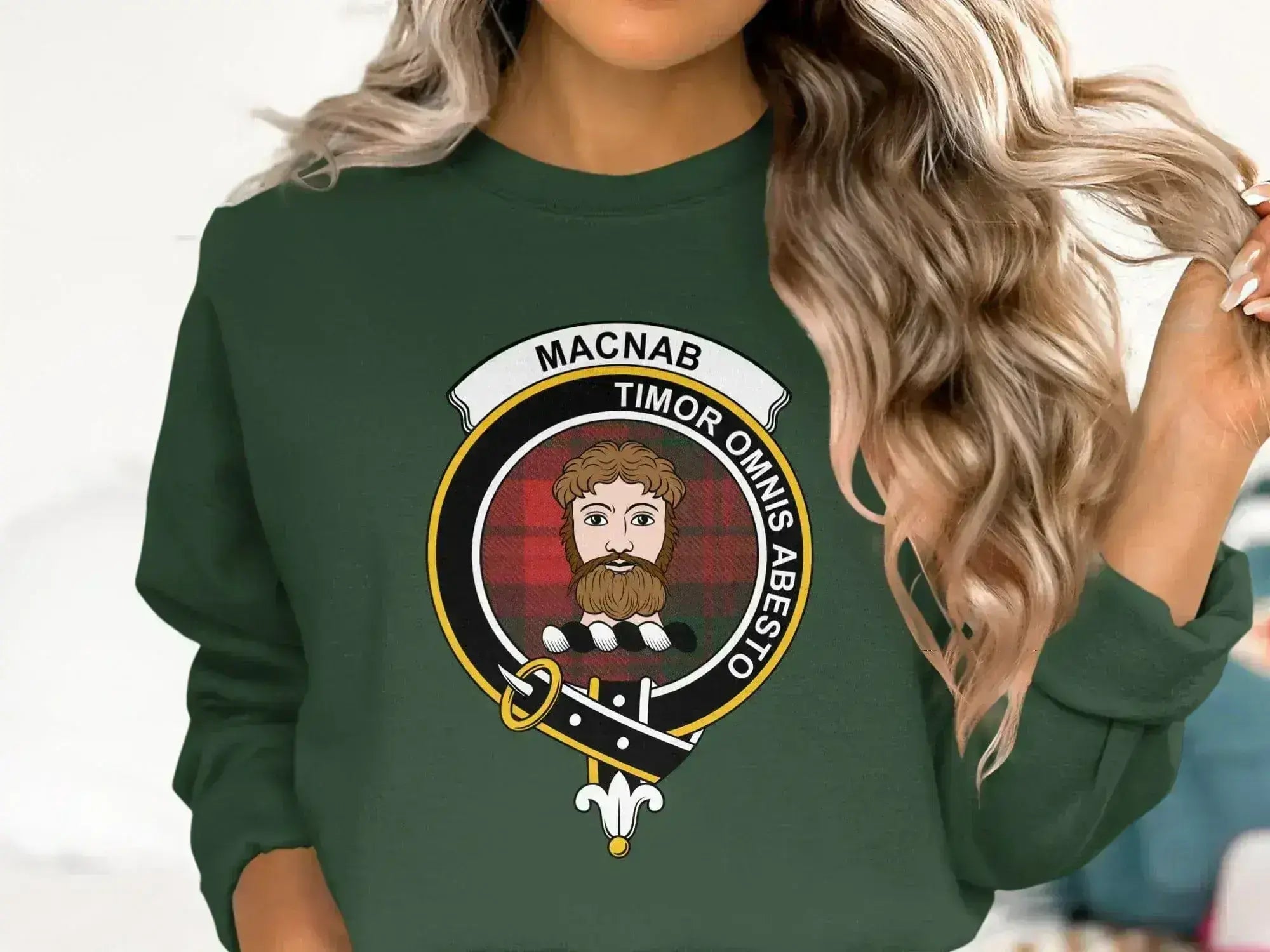 MacNab clan crest sweatshirt in forest green — Timor Omnis Abesto printed fleece crewneck