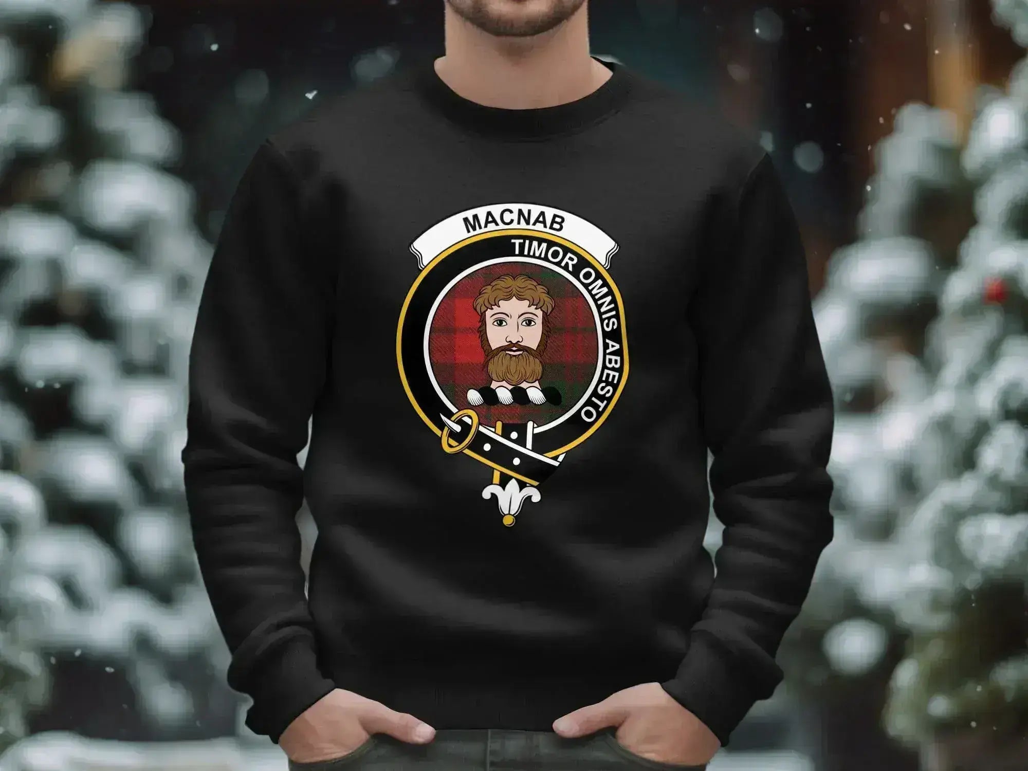 Clan MacNab crest sweatshirt in black — Let Fear Be Far From All tartan on fleece crewneck
