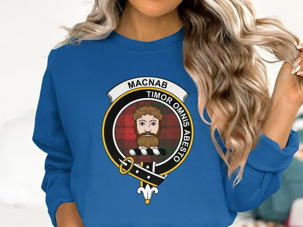 MacNab Timor Omnis Abesto sweatshirt in royal blue — printed crest on crewneck fleece
